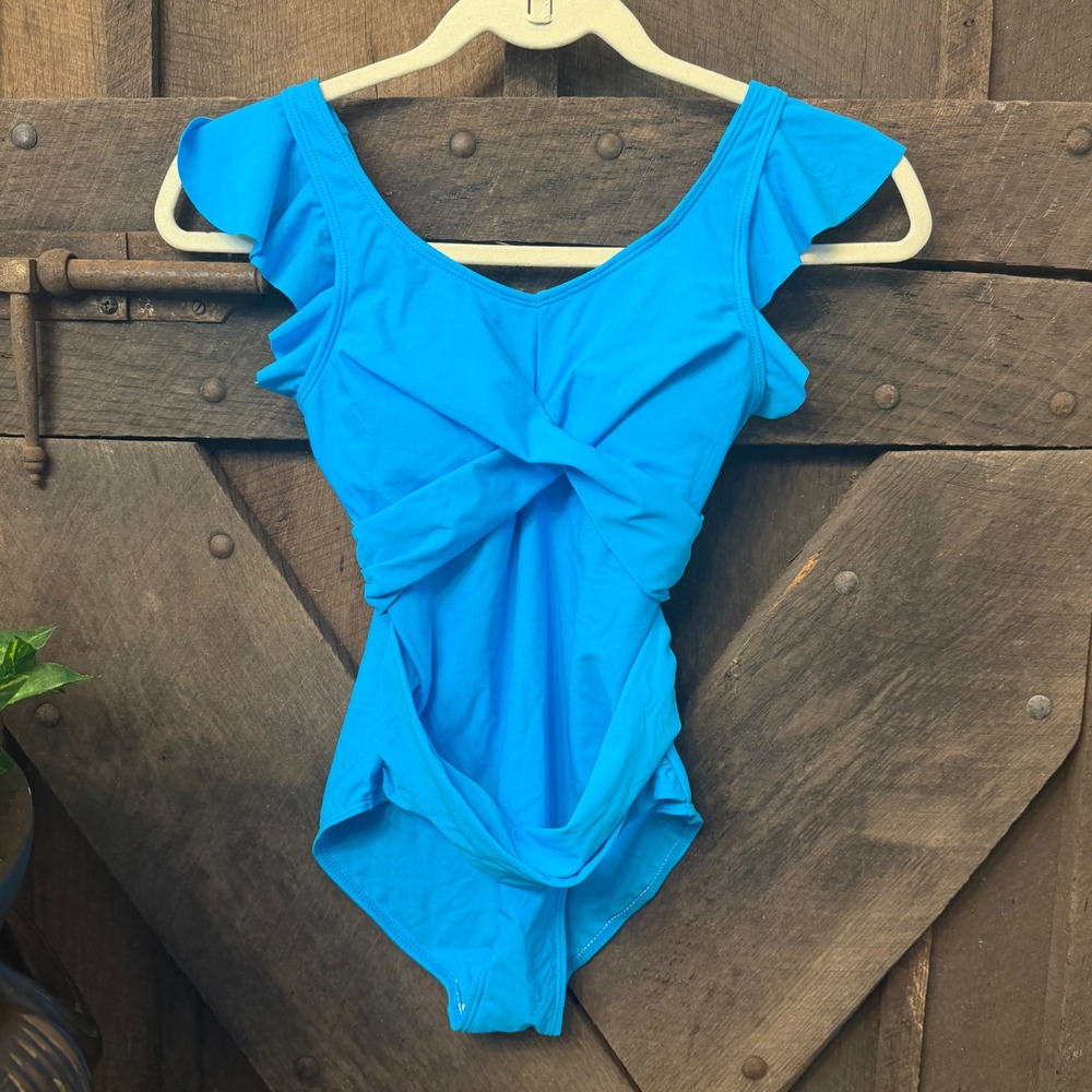 Unbranded Twist Front Ruffle One Piece Swimsuit 9-10Y Blue Swimwear